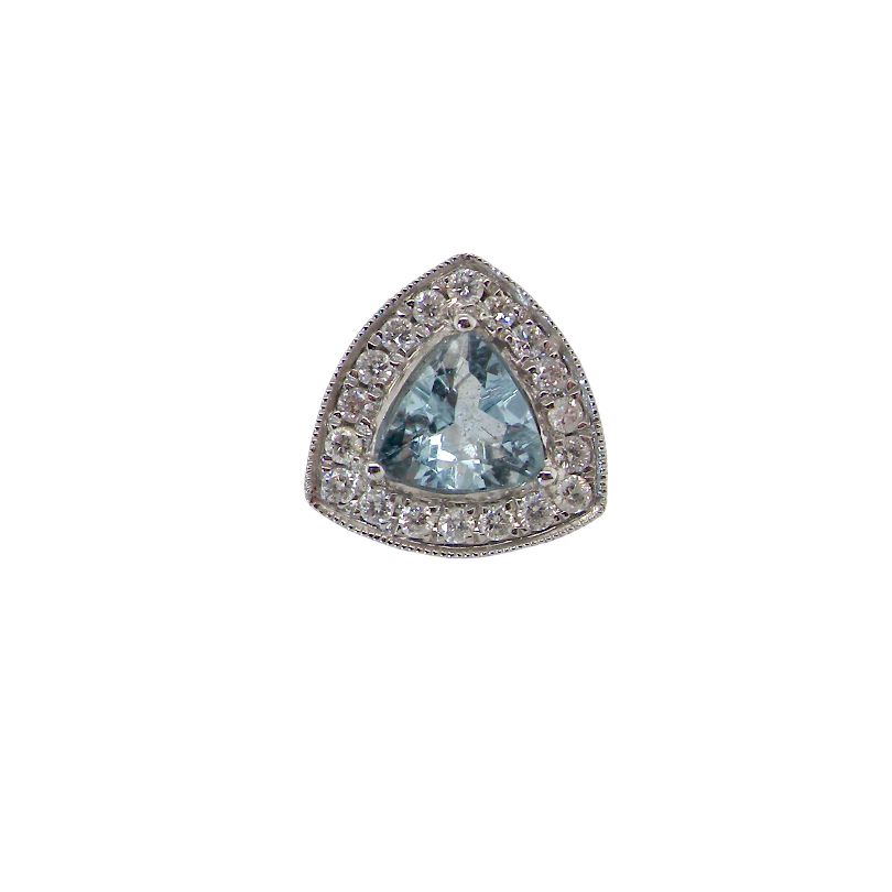 18 carat white gold cluster earring, each containing a trapeze cut aquamarine 6x6x6mm (1 carat) surrounded by eighteen x 0.02 carat brilliant cut white diamonds.