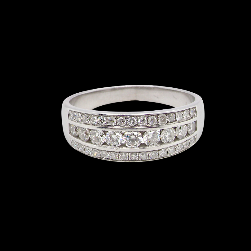 18 carat white gold half hoop ring. Set with a middle row of nine bright white brilliant cut diamonds, graduate from 2.2mm to 2.6mm. The top and bottom rows are also set with small diamonds.