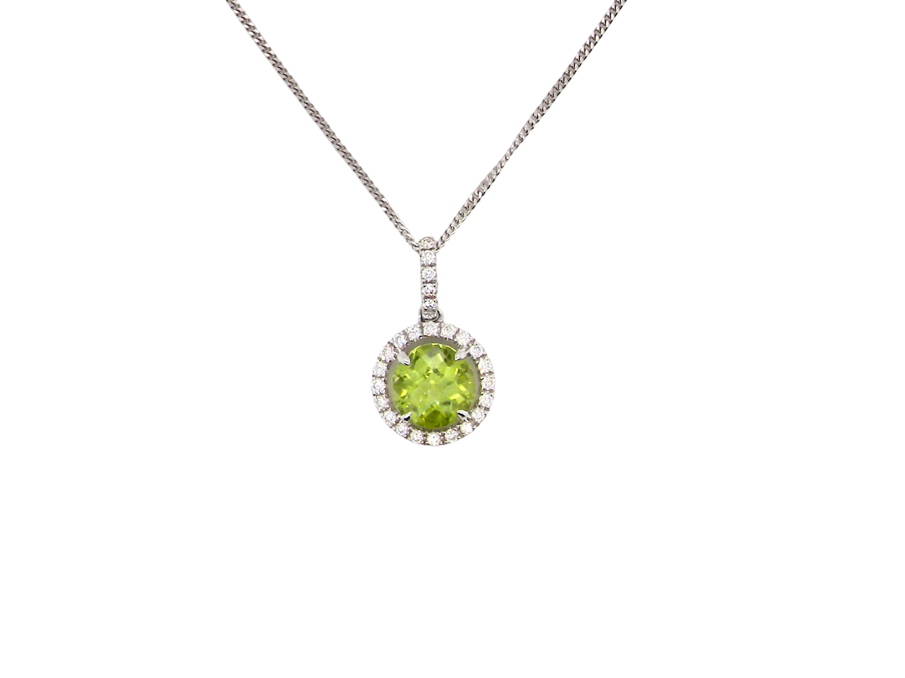 18 carat white gold pendant, centrally set with a circular faceted peridot,
