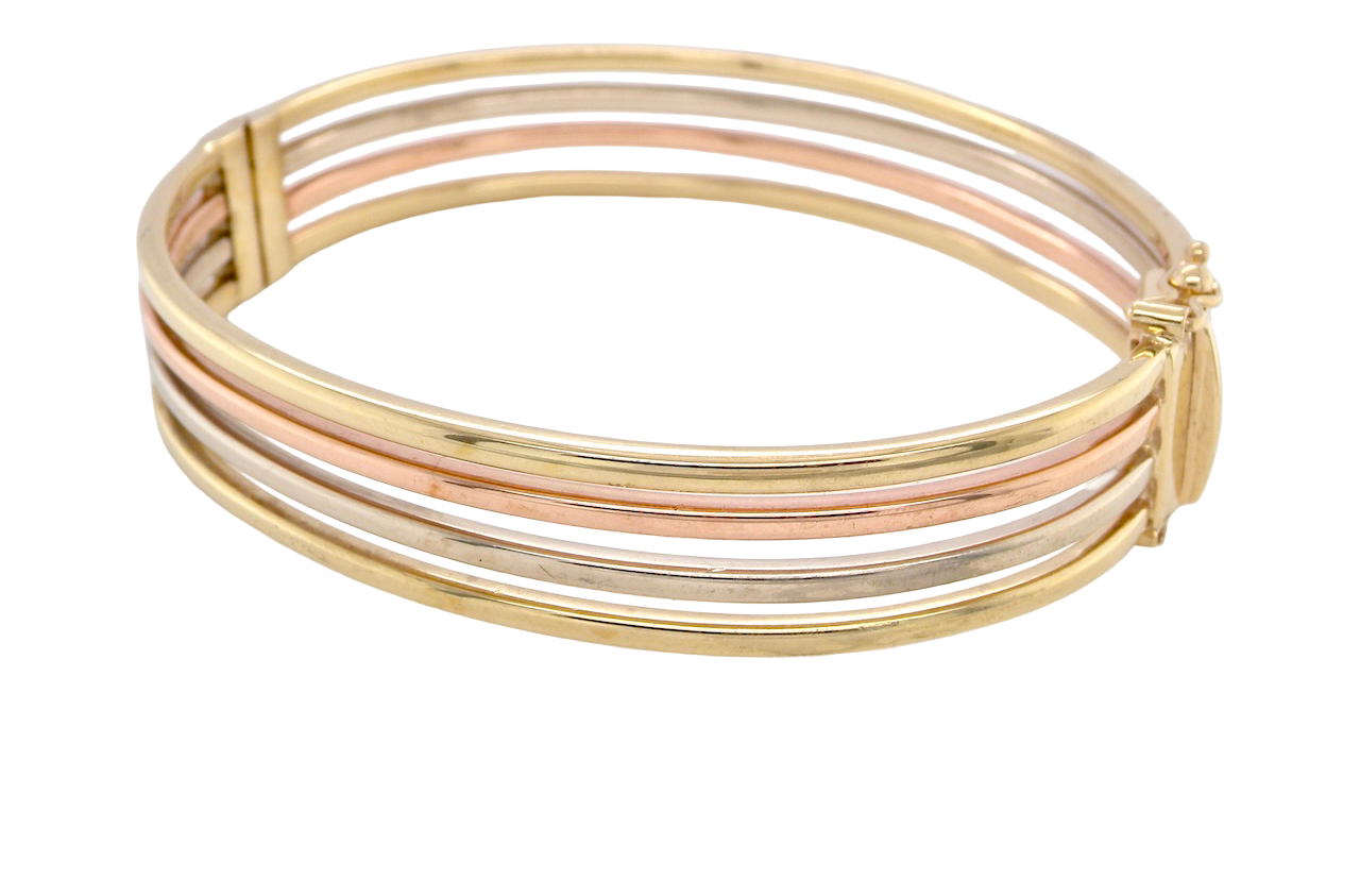 9 carat gold bangle. Solid bands of rose, yellow and white gold