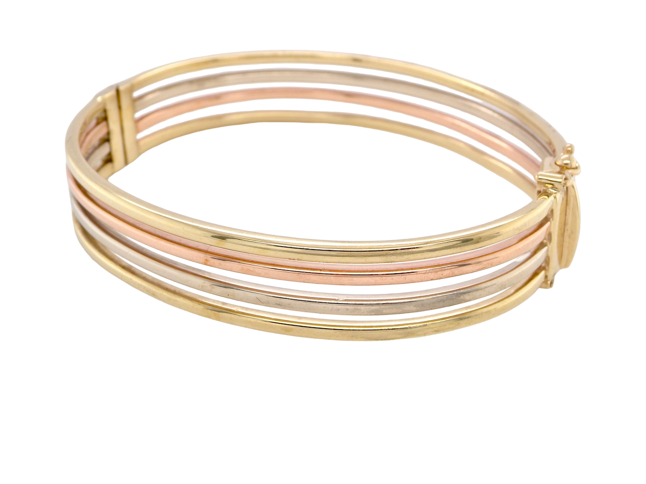9 carat gold bangle. Solid bands of rose, yellow and white gold