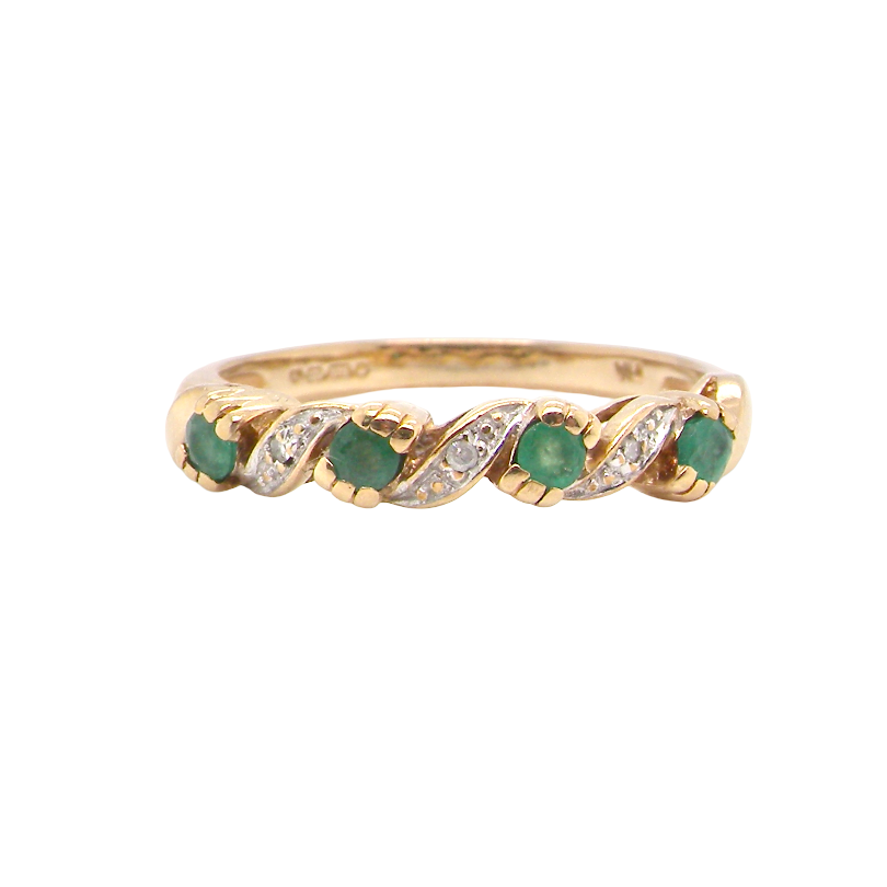9 carat gold half hoop eternity ring. Set with four 2.4mm emeralds.
Set in alternate sections, a 'lazy S' design,