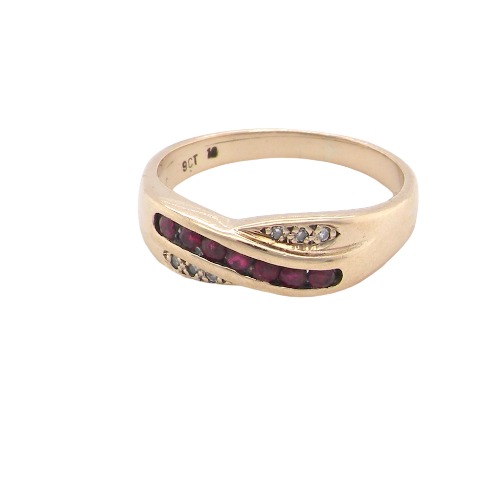A 9 carat Gold Crossover Ring with Rubies and Diamonds