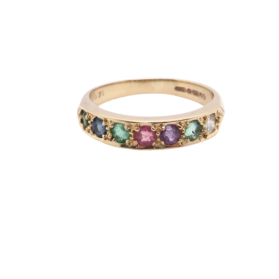 A 9 carat gold acrostic dress ring, set with various gemstones the initials of each spelling the word DEAREST.