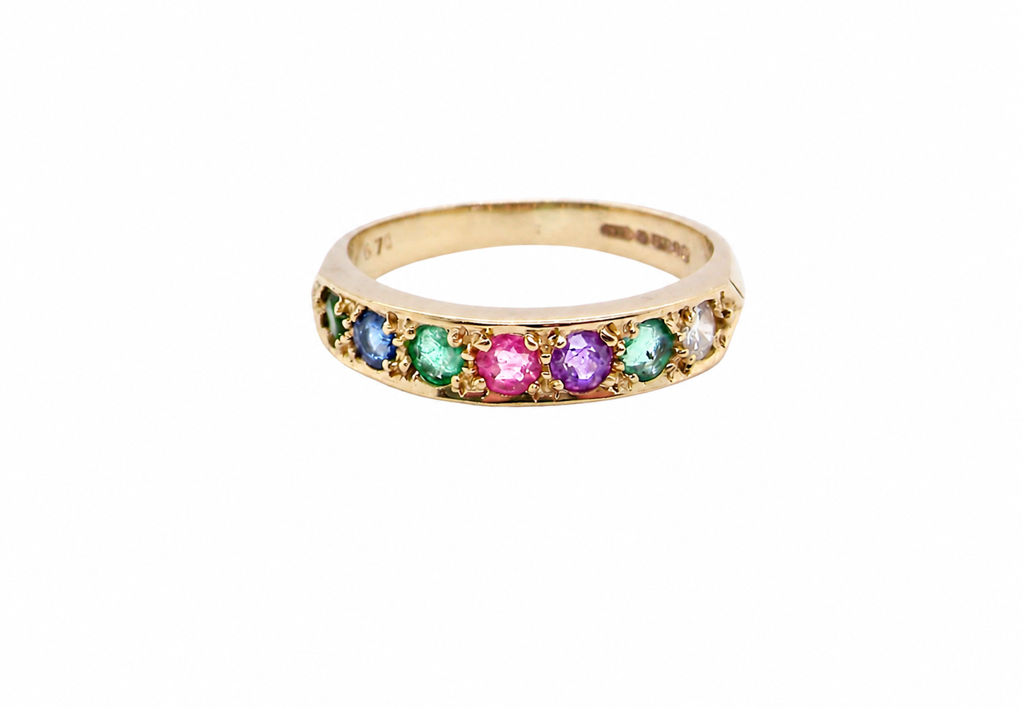 A 9 carat gold acrostic dress ring, set with various gemstones