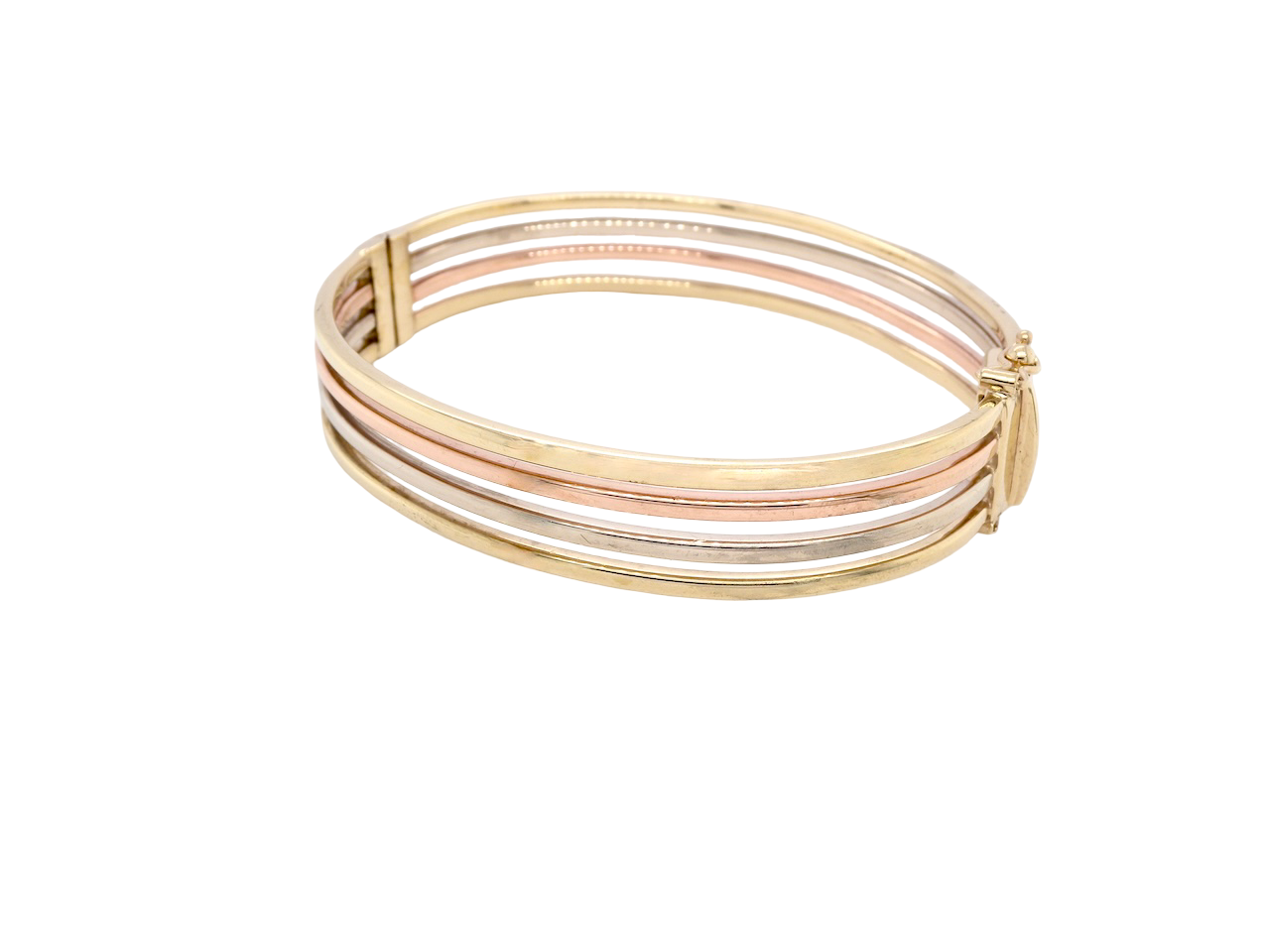 A 9 carat gold bangle. Solid bands of rose, yellow and white gold