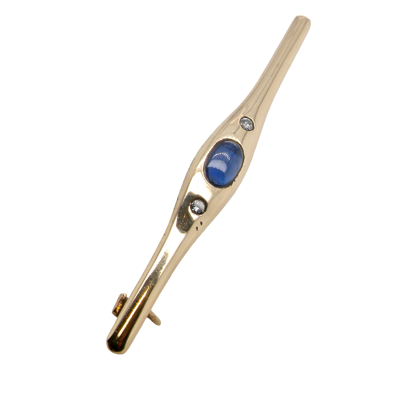 A 9 carat gold bar brooch, width 55mm. Set with a cabouchon cut sapphire,