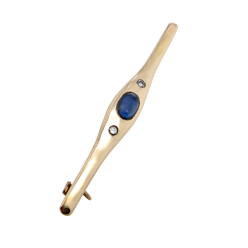 A 9 carat gold bar brooch, width 55mm. Set with a cabouchon sapphire,