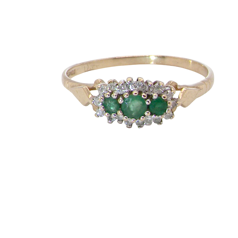 A 9 carat gold cluster ring. Set to the centre three round emeralds, centre 3.2mm,