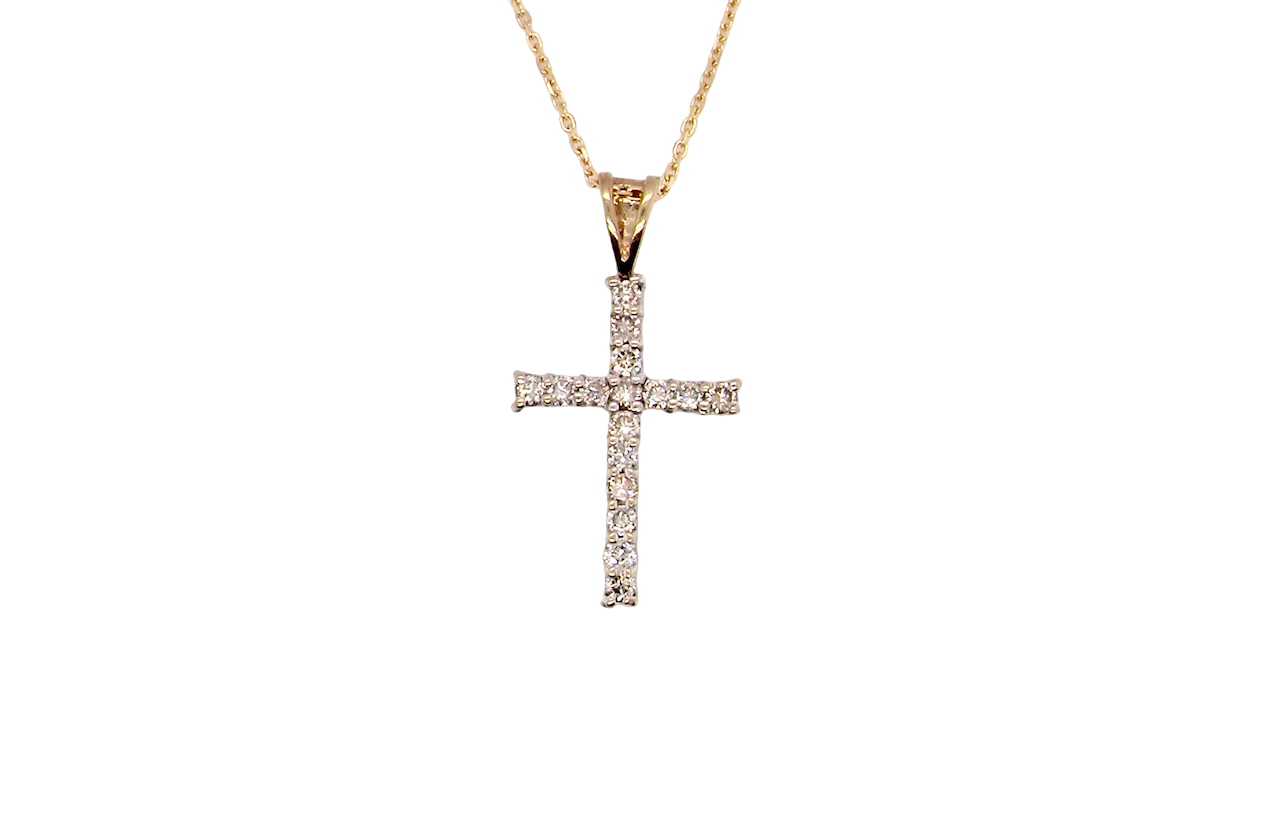 A 9 carat gold cross pendant. Set with fifteen small brilliant cut white diamonds.
Each 1.6mm, total carat weight estimated at 0.30 carats. Colour i-k, clarity Si. Overall size 18x12.5mm.