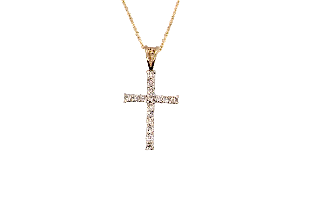 A 9 carat gold cross pendant. Set with fifteen small brilliant cut white diamonds.
Each 1.6mm, total carat weight estimated at 0.30 carats. Colour i-k, clarity Si. Overall size 18x12.5mm.