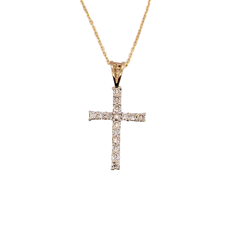 A 9 carat gold cross pendant. Set with fifteen small brilliant cut white diamonds.
Each 1.6mm, total carat weight estimated at 0.30 carats. Colour i-k, clarity Si. Overall size 18x12.5mm.