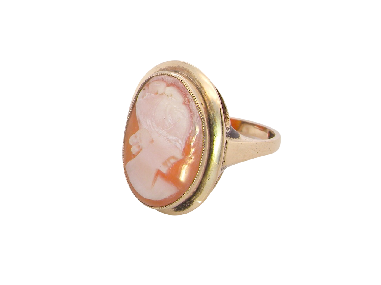 A 9 carat gold dress ring that features a cameo shell. Carved with the head of a young woman.