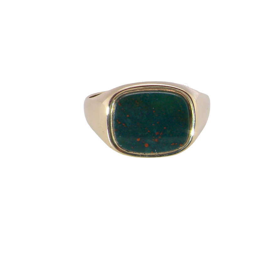 A vintage-style signet ring featuring a square bezel-set dark green stone with tiny red flecks, set in a polished gold-tone band, shown against a plain white background.