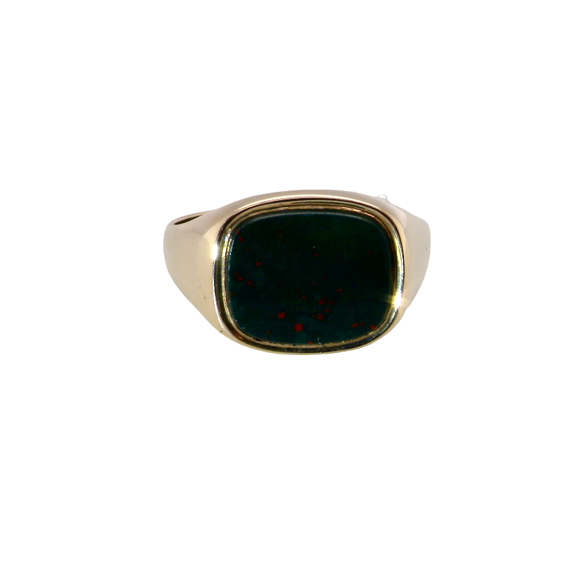 A gold signet ring with a square bezel-set dark green stone containing tiny red flecks, shown on a plain white background.