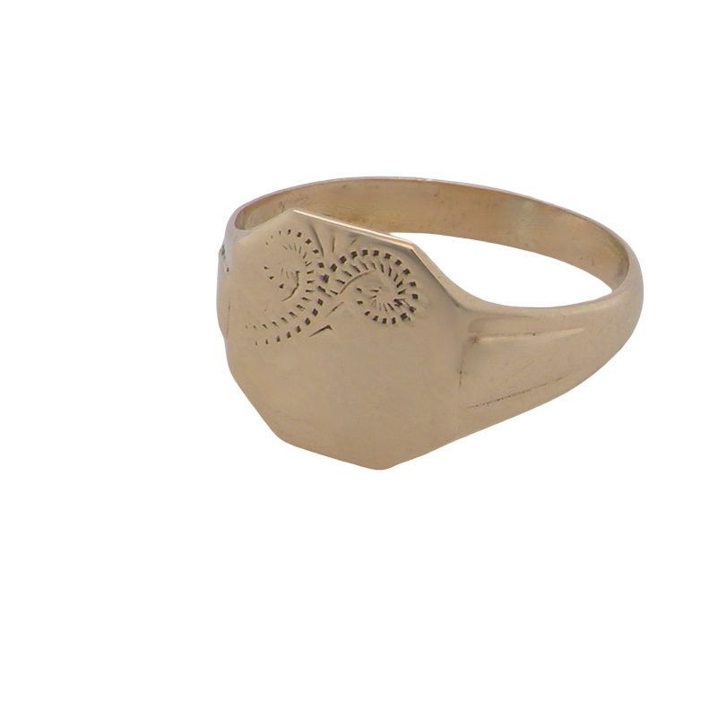 A 9 carat gold gentlemans signet ring. The head is eight sided, half hand engraved, measures 11.9x11.9mm,