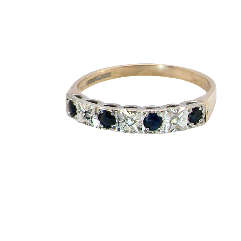 A 9 carat gold half hoop eternity ring. Set with four sapphires, each 2.4mm, and between each a 1mm set diamond.
