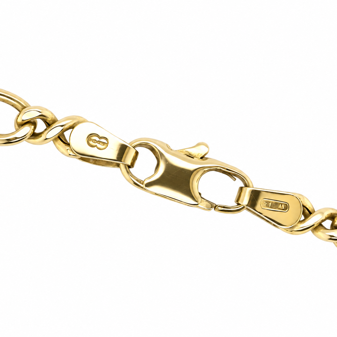 A close-up of a polished yellow gold chain bracelet showing a lobster clasp and links on a plain white background.