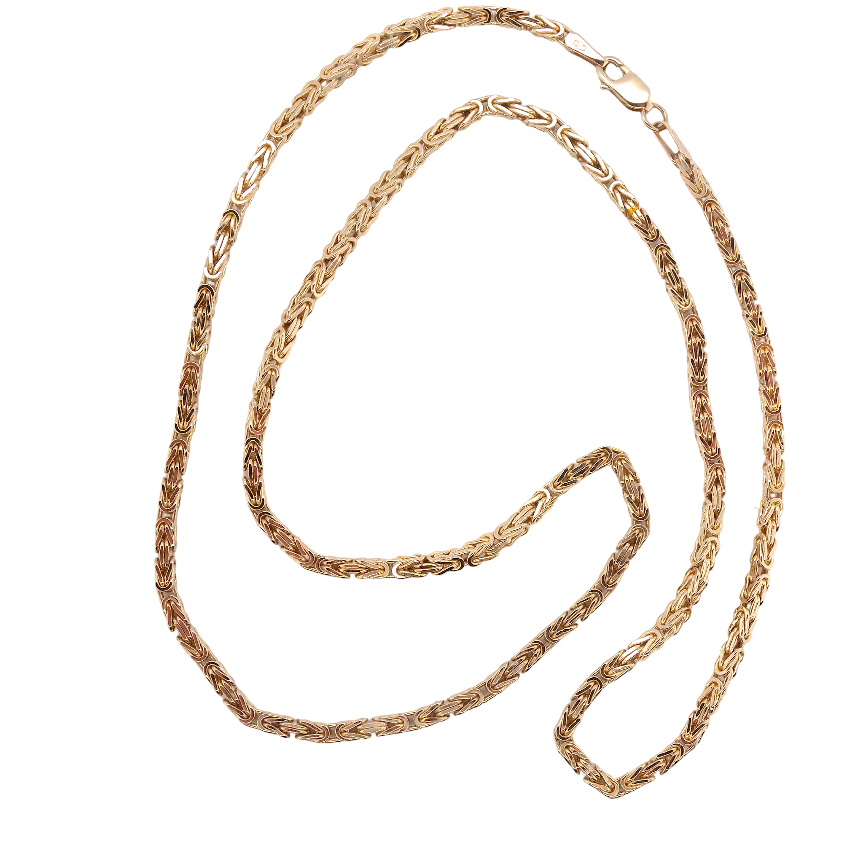 A gold-colored rope chain necklace with a lobster clasp, coiled on a plain white background.