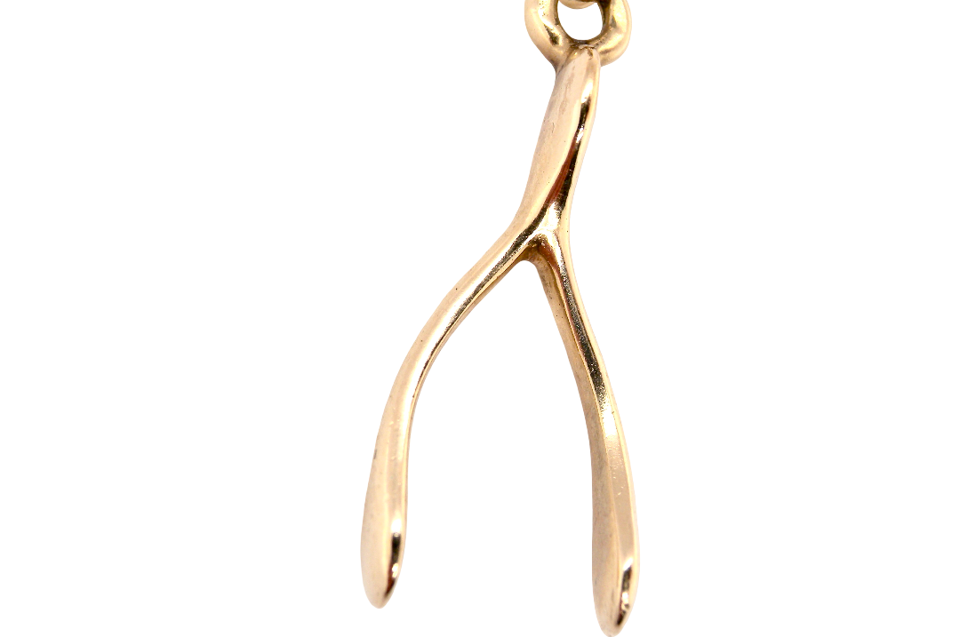 A 9 carat gold pendant (or charm) in the shape of a wishbone.
, weight 3.1 grams. 