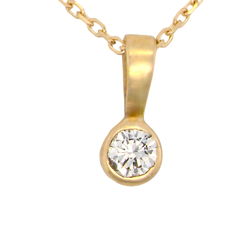 A 9 carat gold pendant that features a single brilliant cut white diamond. This measures 4mm