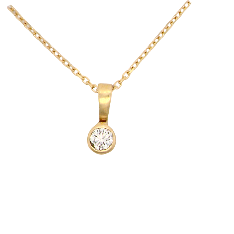 A 9 carat gold pendant that features a single brilliant cut white diamond. This measures 4mm (est 0,25 carats)