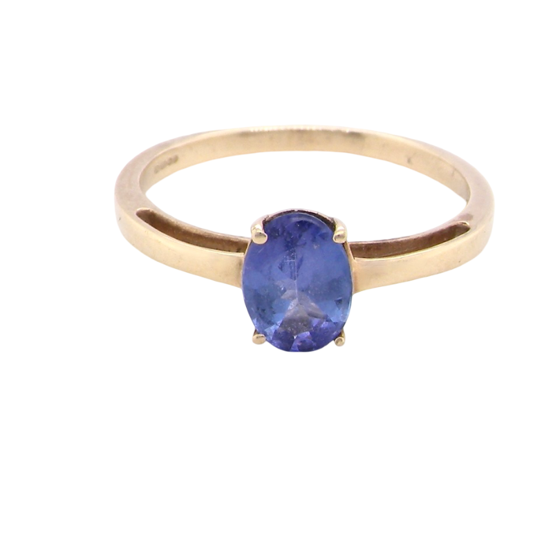 A 9 carat gold ring containing a single oval cut tanzanite gemstone. Measures 8x6mm,