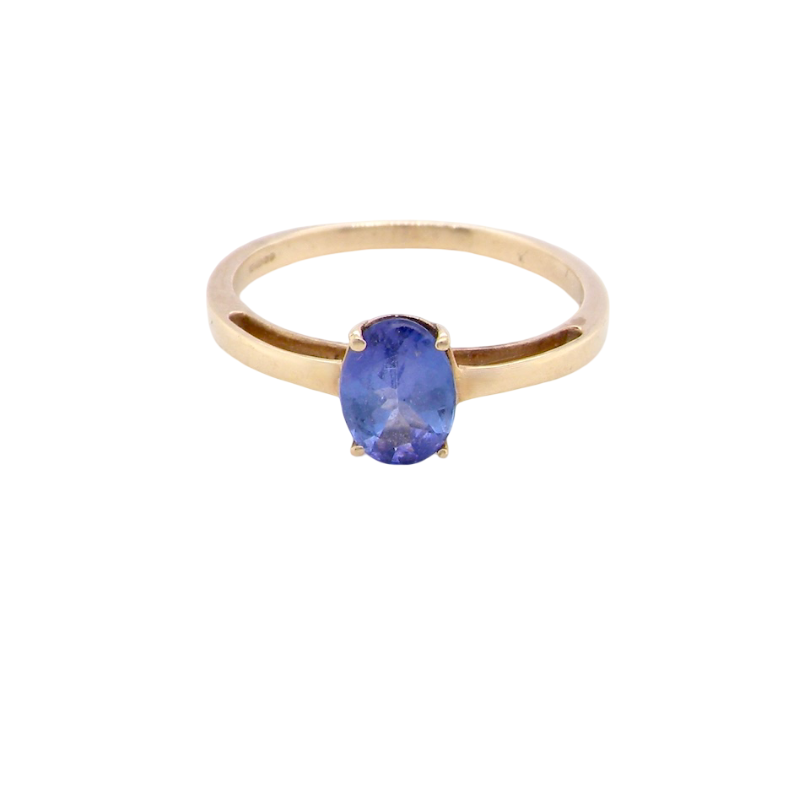 A 9 carat gold ring containing a single oval cut tanzanite gemstone. Measures 8x6mm, four claw setting.