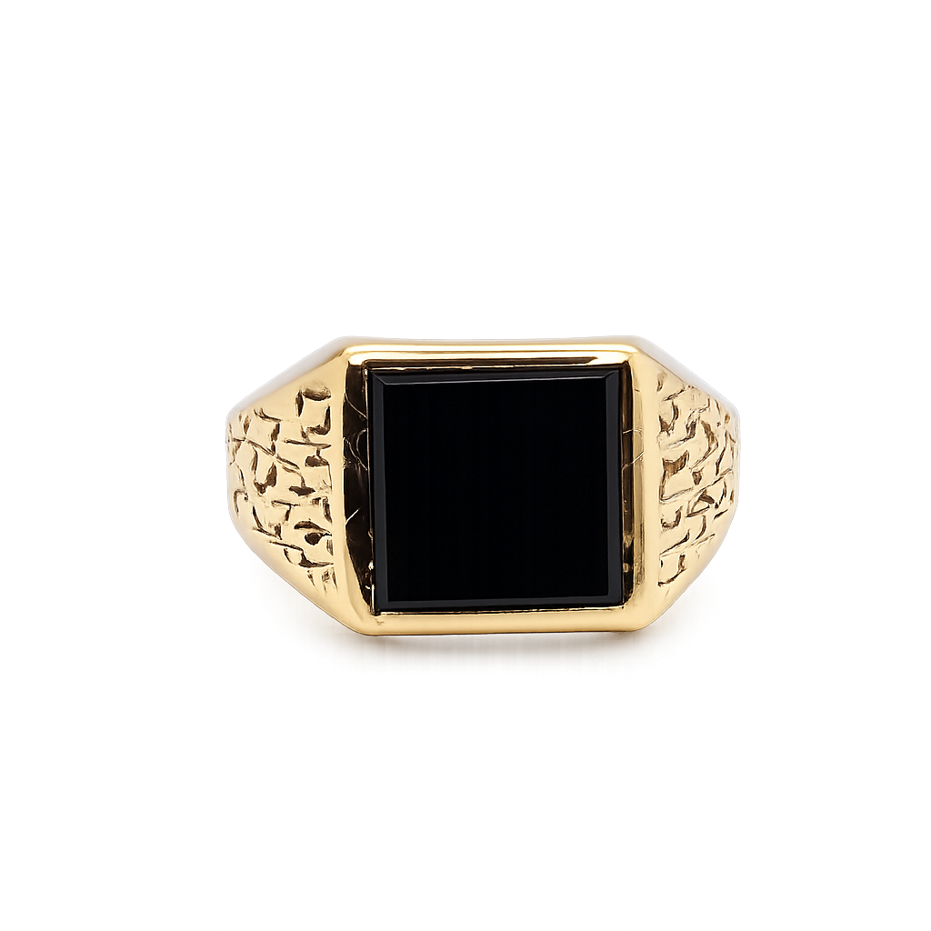 A 9 carat gold signet ring. Features a square cut black onyx stone, 10x10mm (est) .