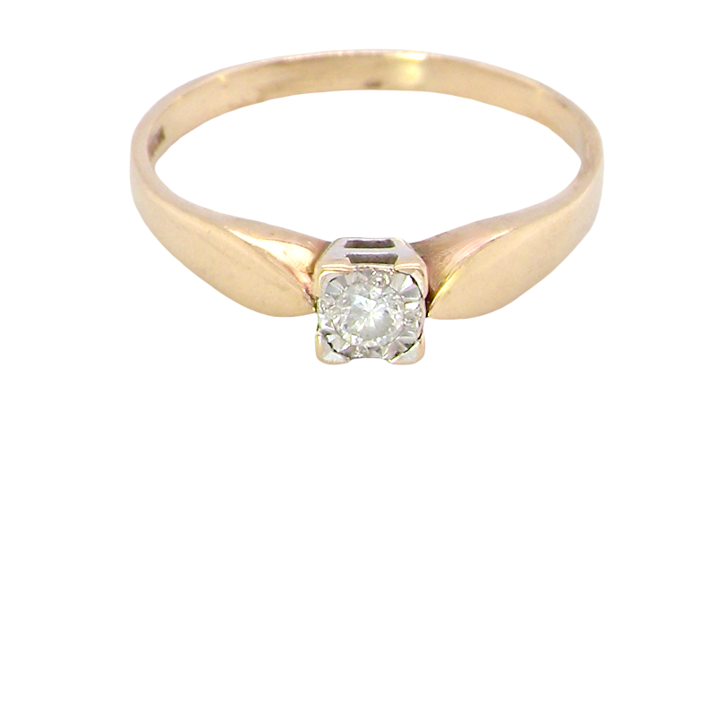 A 9 carat gold solitaire ring. Features a single white diamond 3.4mm