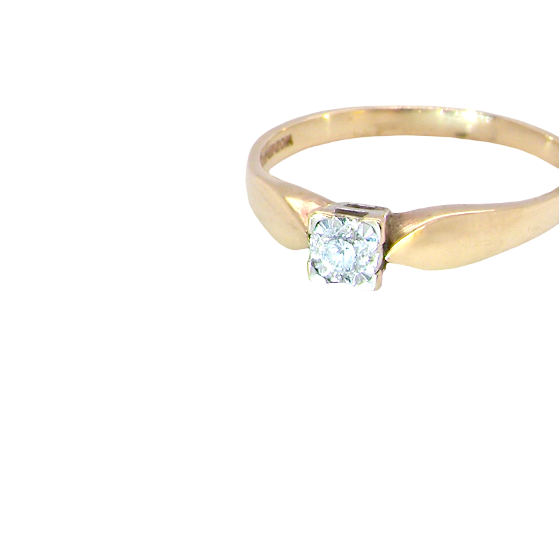 A 9 carat gold solitaire ring. Features a single white diamond 3.4mm (est 0.15 carats)
side