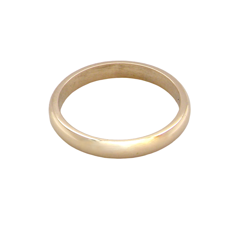 A simple, polished yellow gold band ring photographed on a seamless white background.