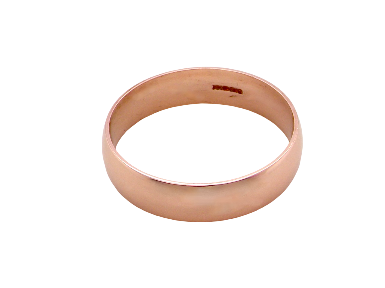 A 9 carat rose gold wedding ring.
Plain D shape profile,