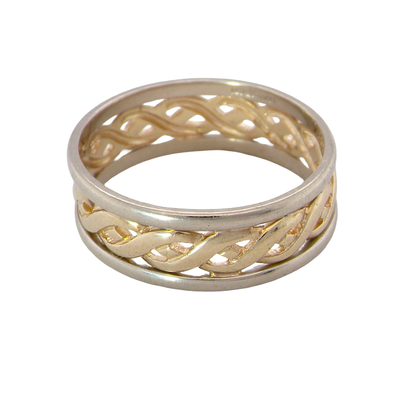 A two-tone braided ring band featuring one polished gold half and one silver half, shown on a plain white background.