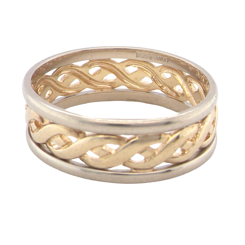 A yellow gold band ring with a braided, twisted openwork design, photographed on a clean white background.