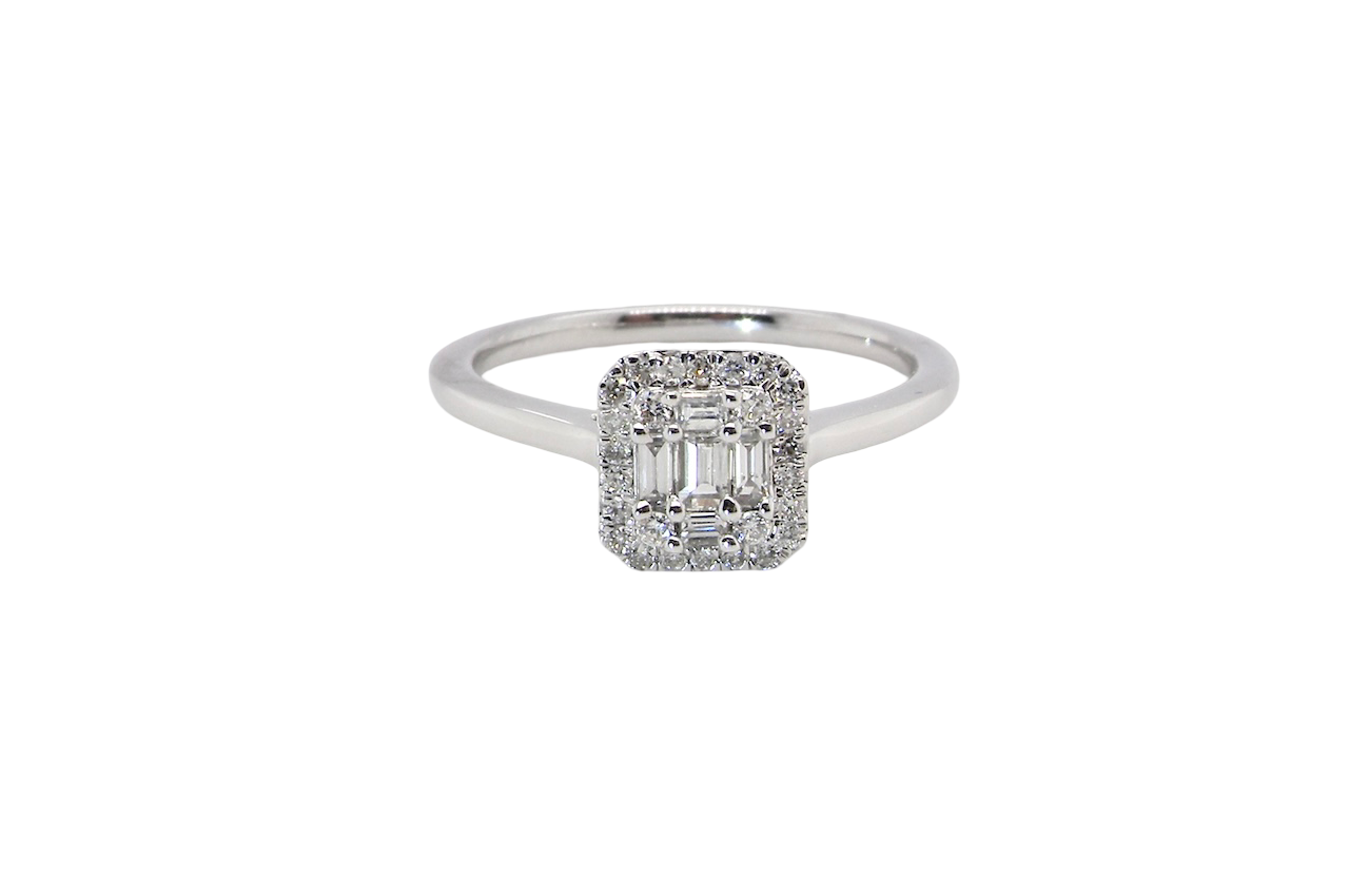 A 9 carat white gold cluster ring. The centre is set with five baguette cut white diamonds, 3 x 2x1.2mm, 2 x 1mm.