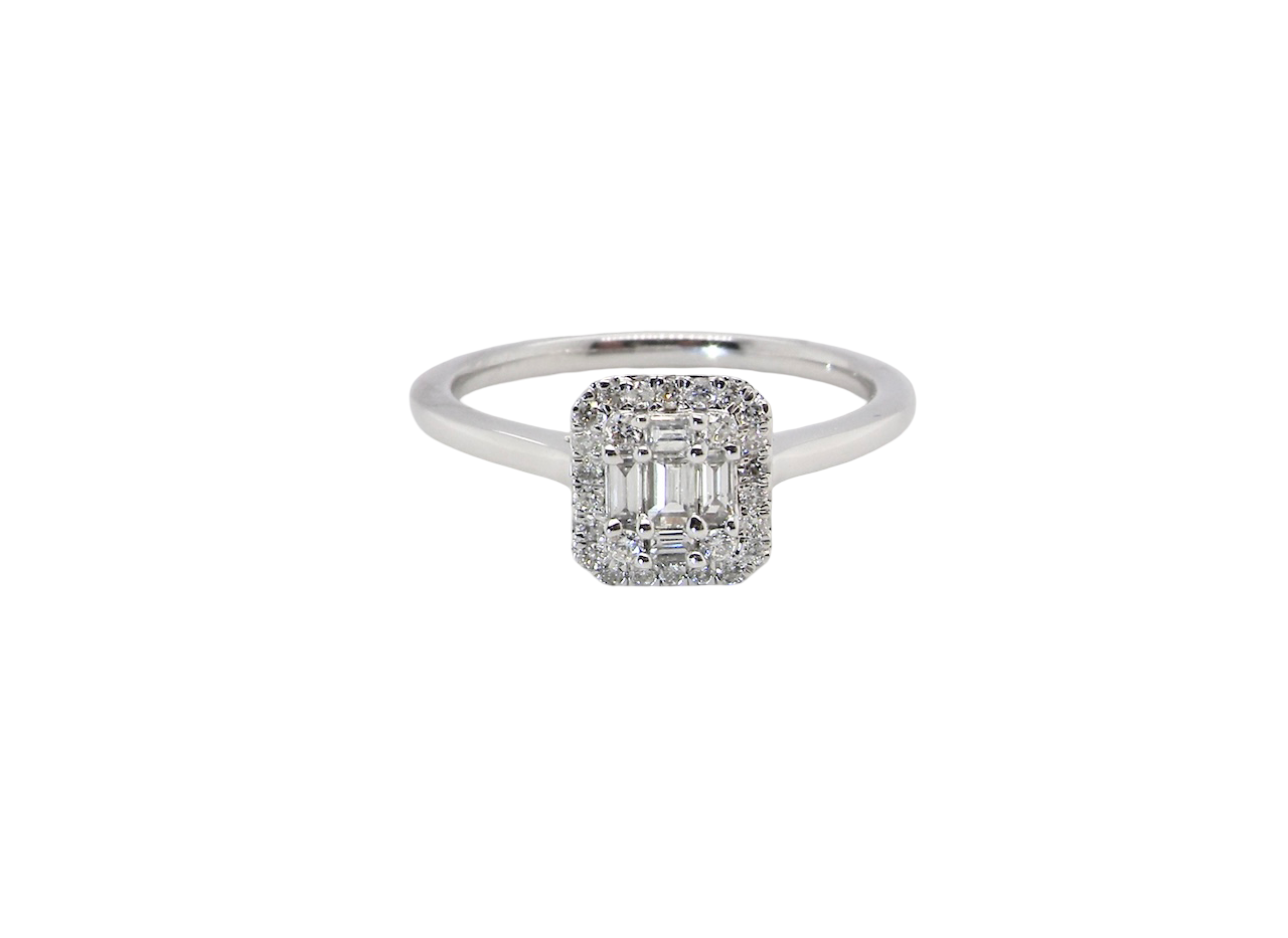 A 9 carat white gold cluster ring. The centre is set with five baguette cut white diamonds, 3 x 2x1.2mm, 2 x 1mm.