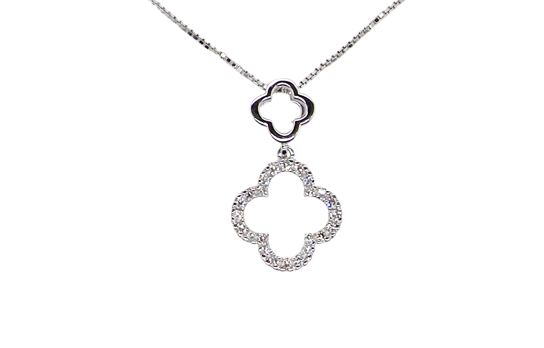 A 9 carat white gold pendant in the 'Alhambra' style. Set with twenty four small white diamonds,