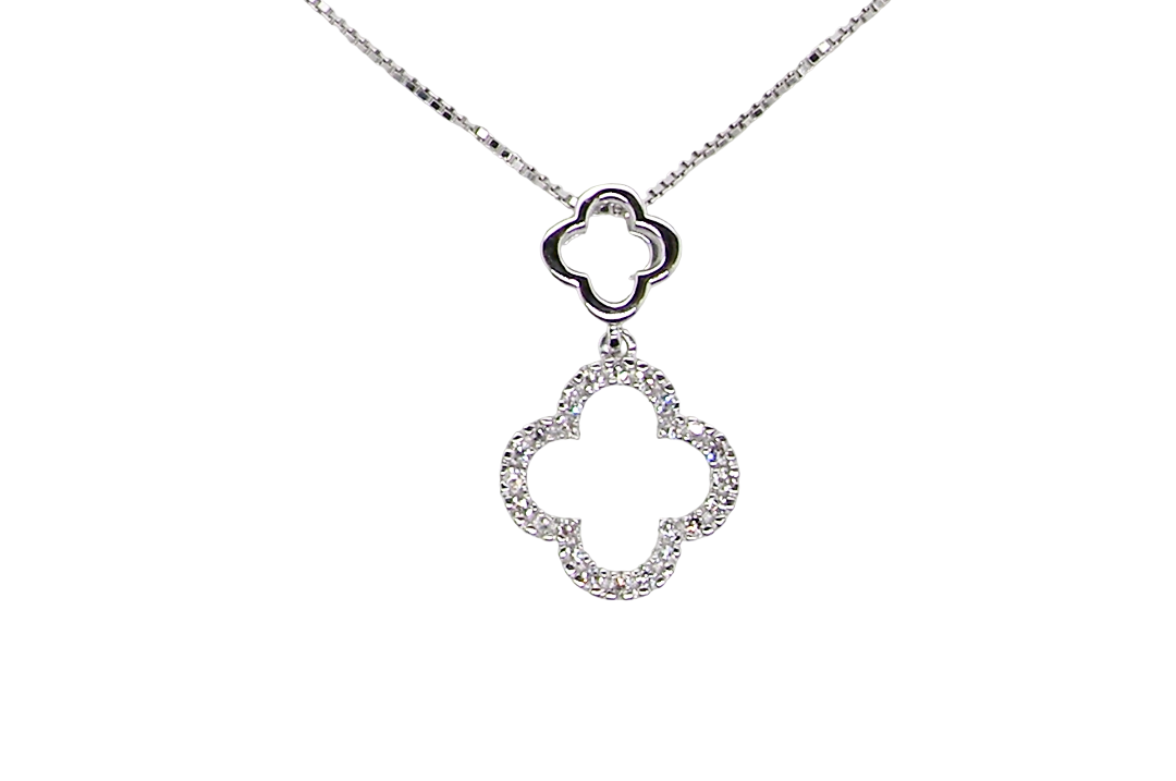 A 9 carat white gold pendant in the 'Alhambra' style. Set with twenty four small white diamonds,
