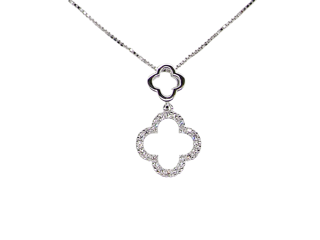 A 9 carat white gold pendant in the 'Alhambra' style. Set with twenty four small white diamonds,