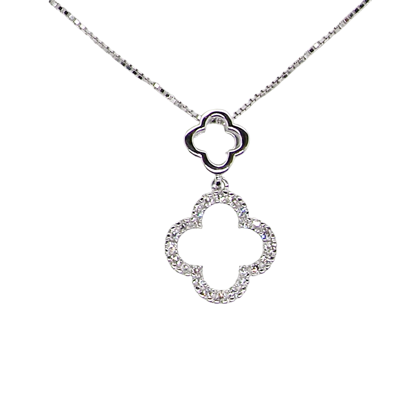 A 9 carat white gold pendant in the 'Alhambra' style. Set with twenty four small white diamonds,