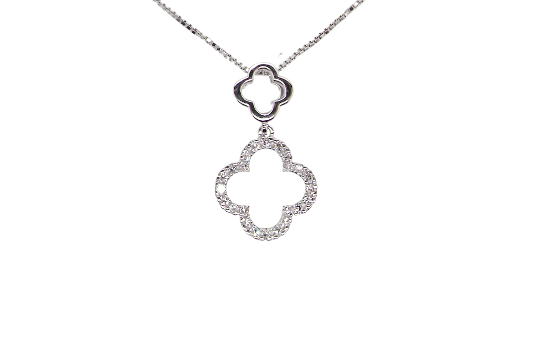 A 9 carat white gold pendant in the 'Alhambra' style. Set with twenty four small white diamonds, carat total 0.12 carats.