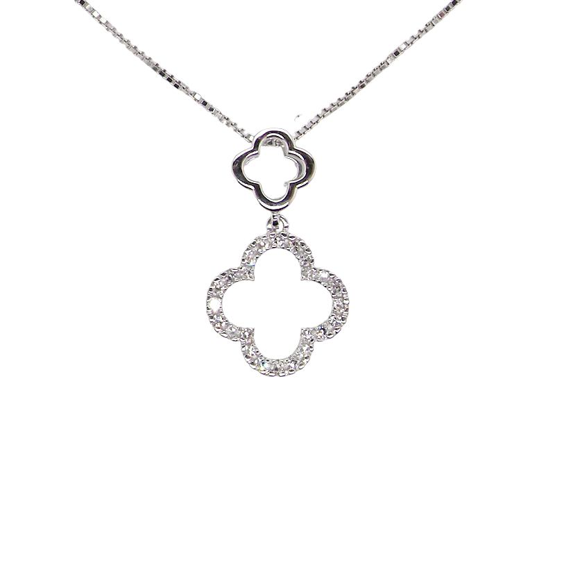 A 9 carat white gold pendant in the 'Alhambra' style. Set with twenty four small white diamonds, carat total 0.12 carats.