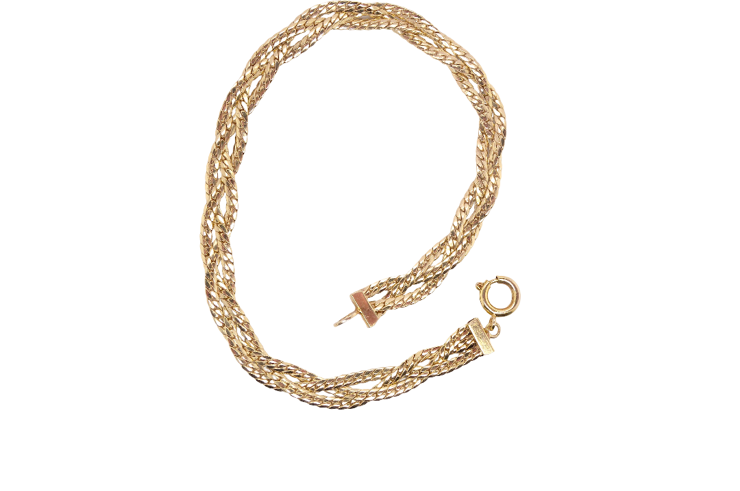 A 9 carat yellow gold bracelet. Plait design of two flat herringbone strands that weave together to form a very pretty design.
