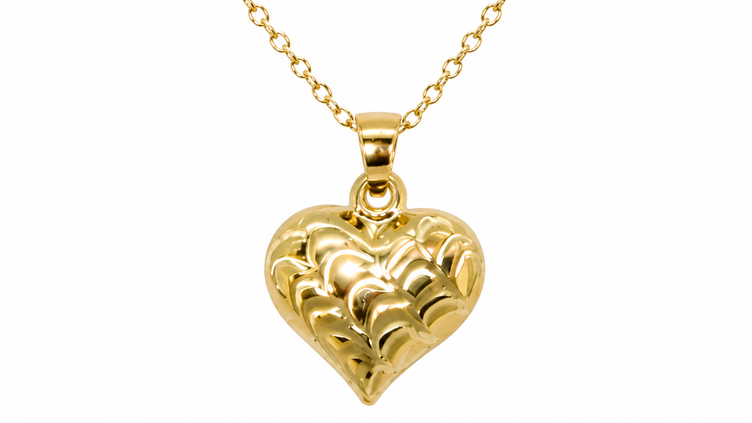 A 9ct gold patterned heart pendant closeup view