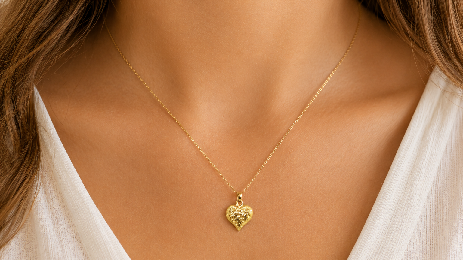 A 9ct gold patterned heart pendant on female