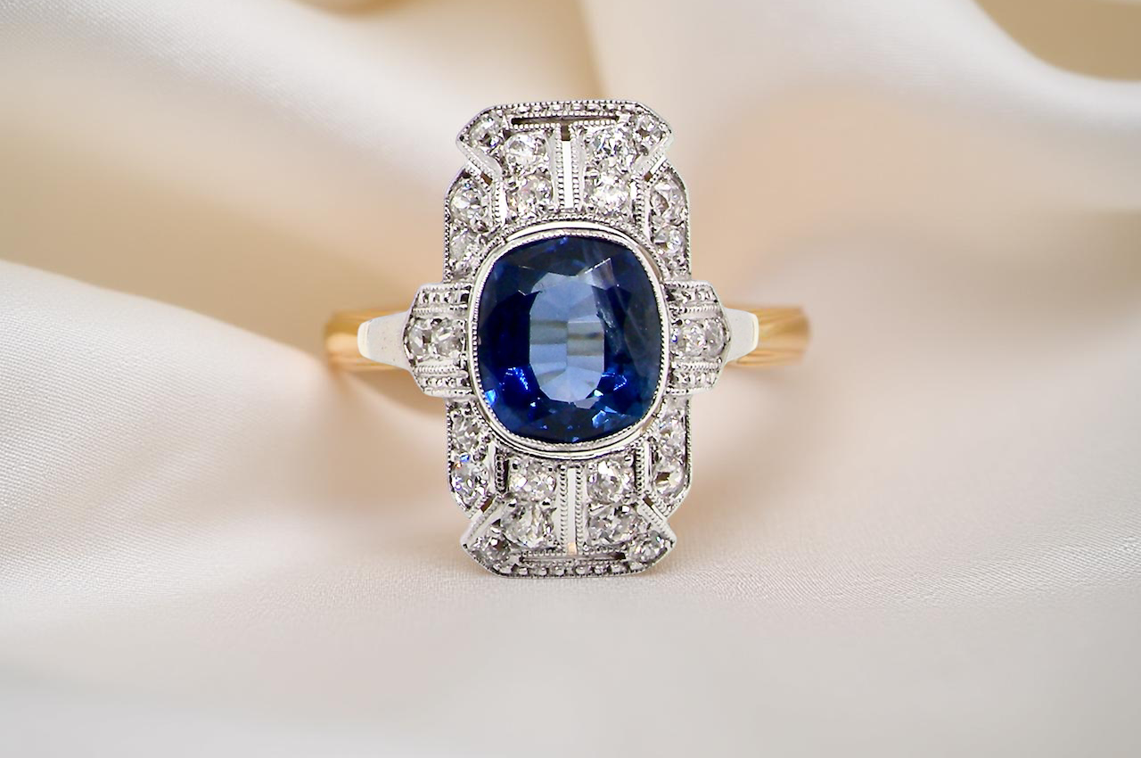 A Stunning Art Deco Sapphire and Diamond Plaque Ring