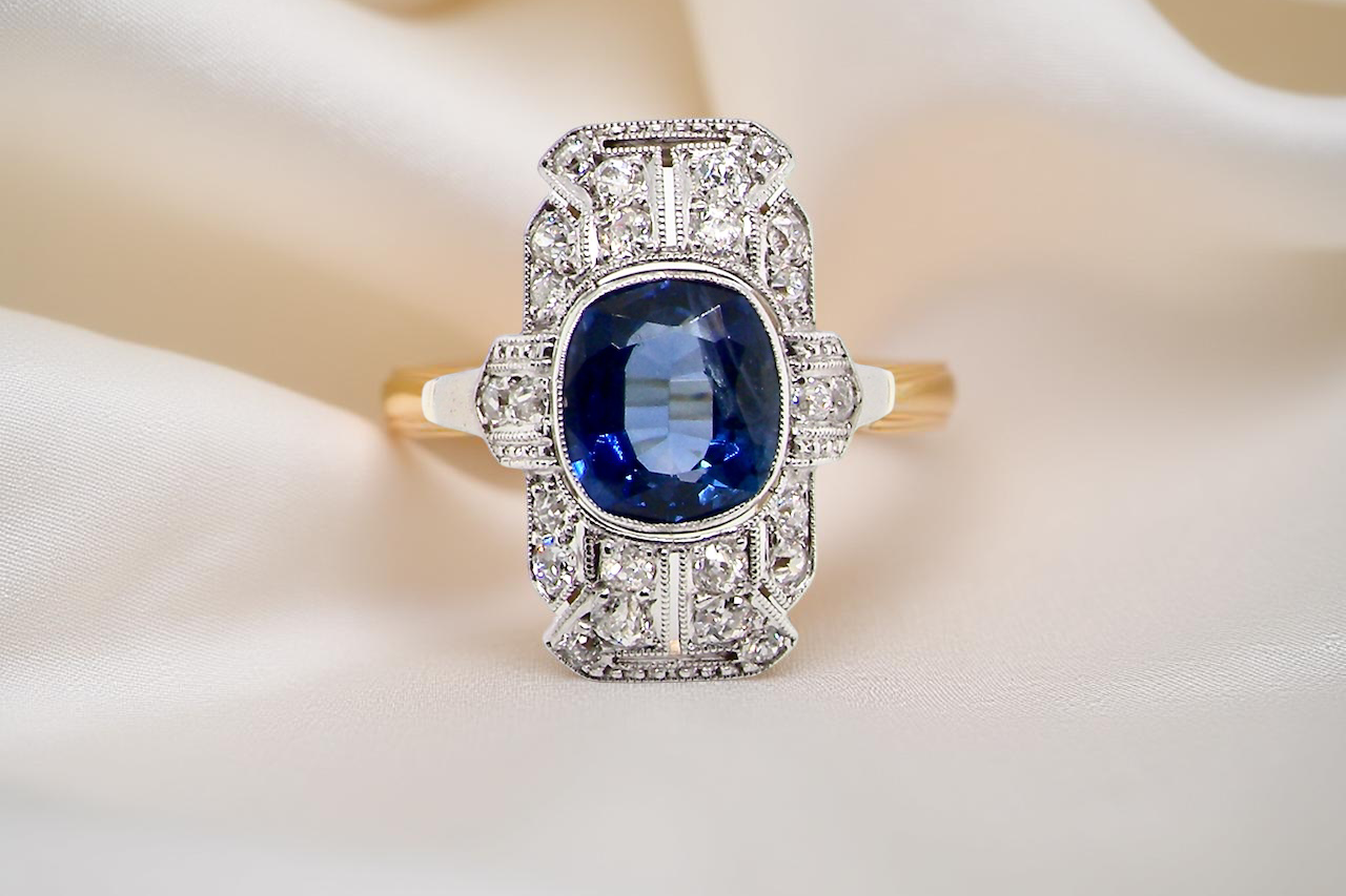 A Stunning Art Deco Sapphire and Diamond Plaque Ring