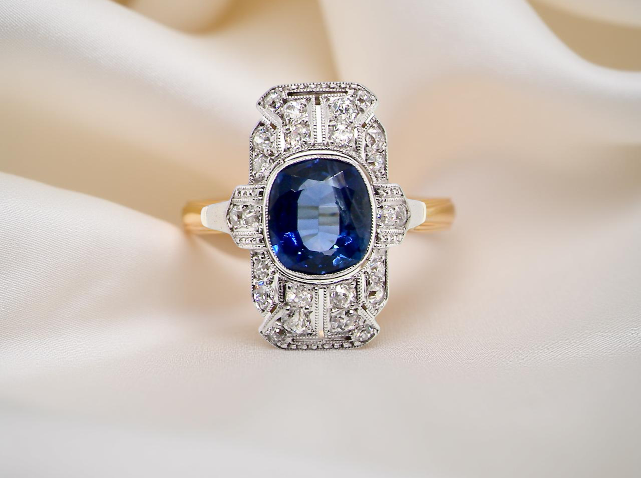 A Stunning Art Deco Sapphire and Diamond Plaque Ring