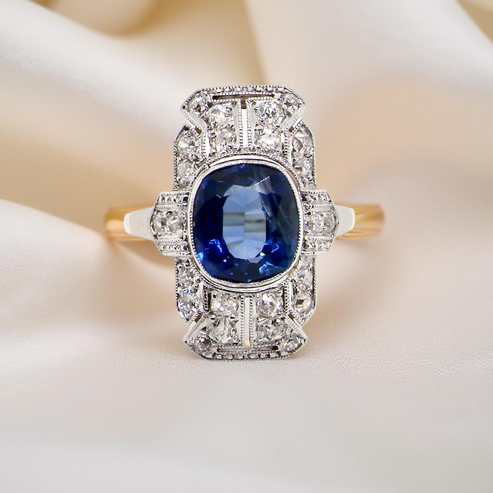 A Stunning Art Deco Sapphire and Diamond Plaque Ring